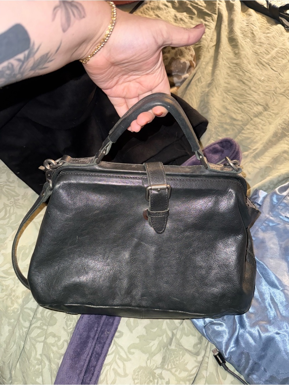 Handmade Black Leather Doctor Bag - Top Handle & Shoulder Strap